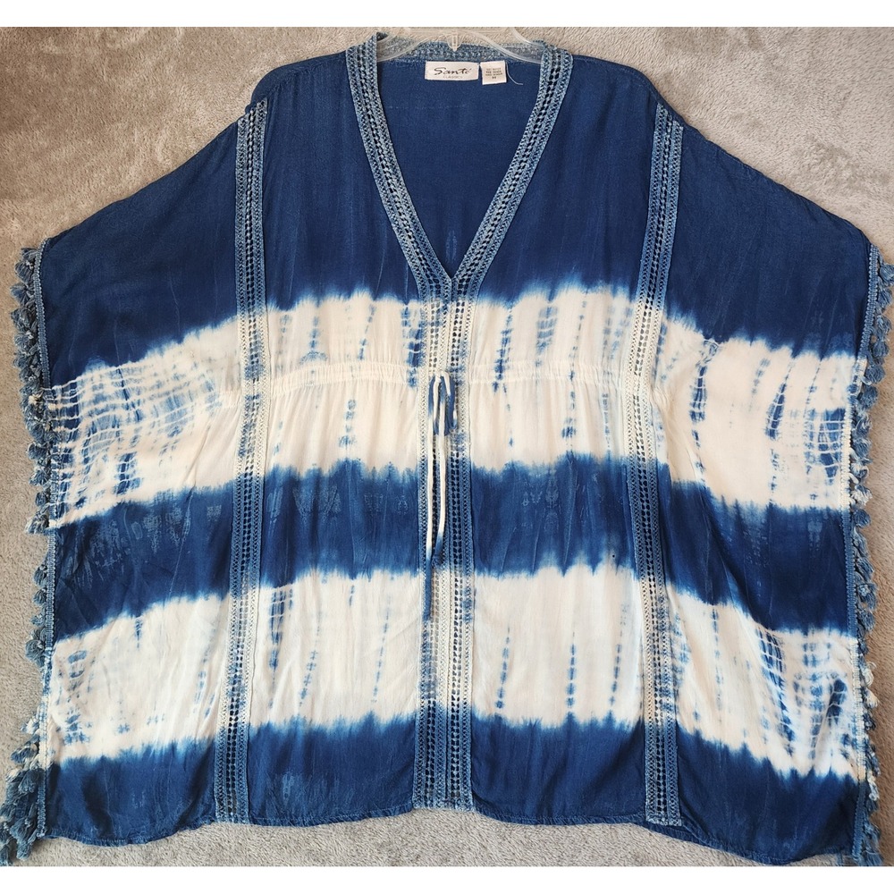 Sante Classics Shirt Womens Medium Blue Tie Dye Crochet Lace Tassels Kaftan Top